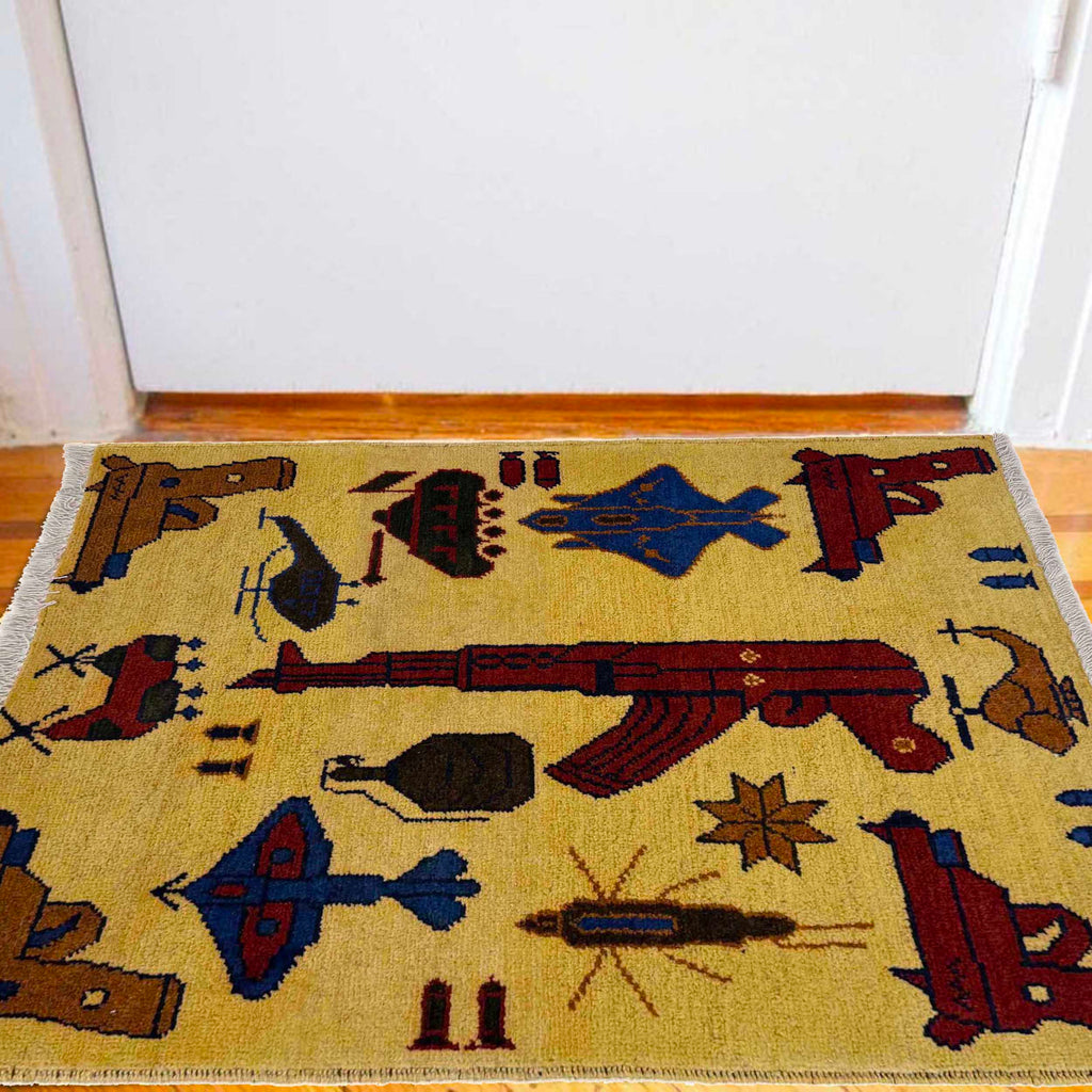 Handwoven Afghan War Heritage AK47 Carpet 2.8x1.9 ft