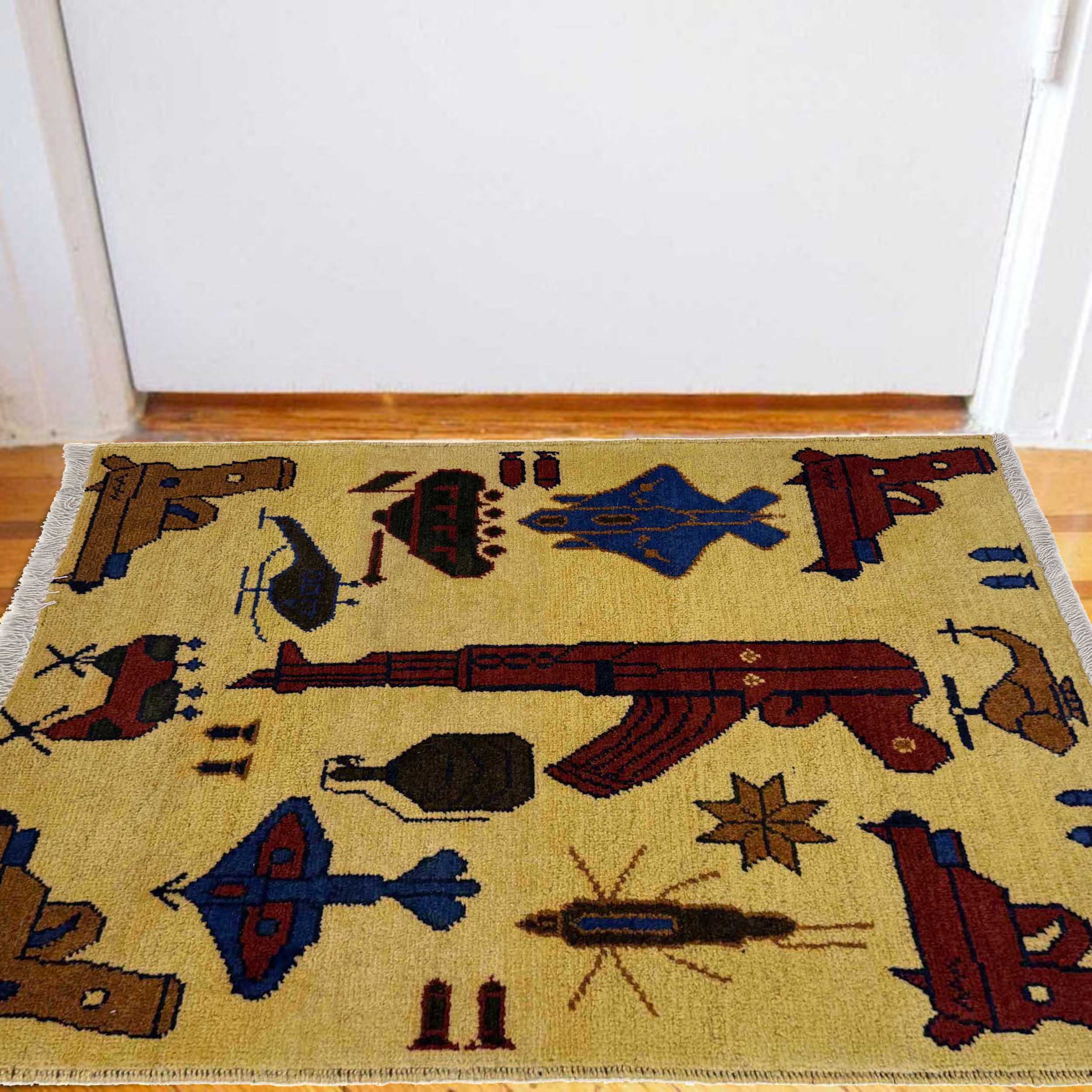 Handwoven Afghan War Heritage AK47 Carpet 2.8x1.9 ft