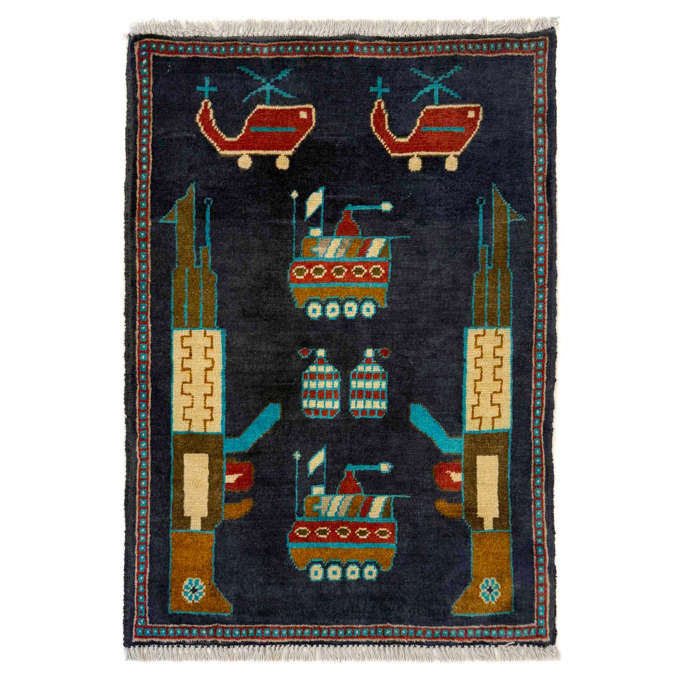 Handmade Afghan Battle AK47 Scene Rug 2.8x2 ft