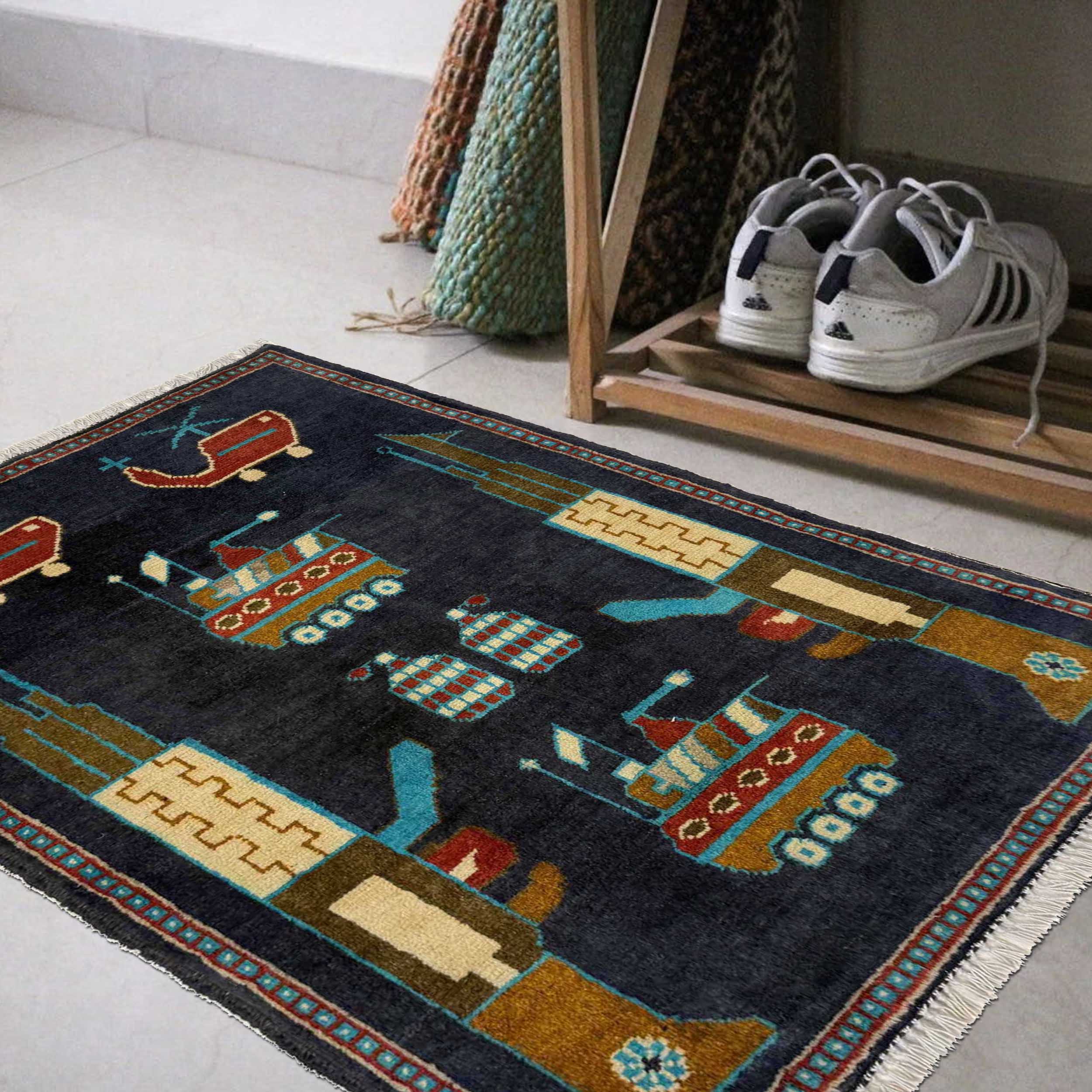 Handmade Afghan Battle AK47 Scene Rug 2.8x2 ft
