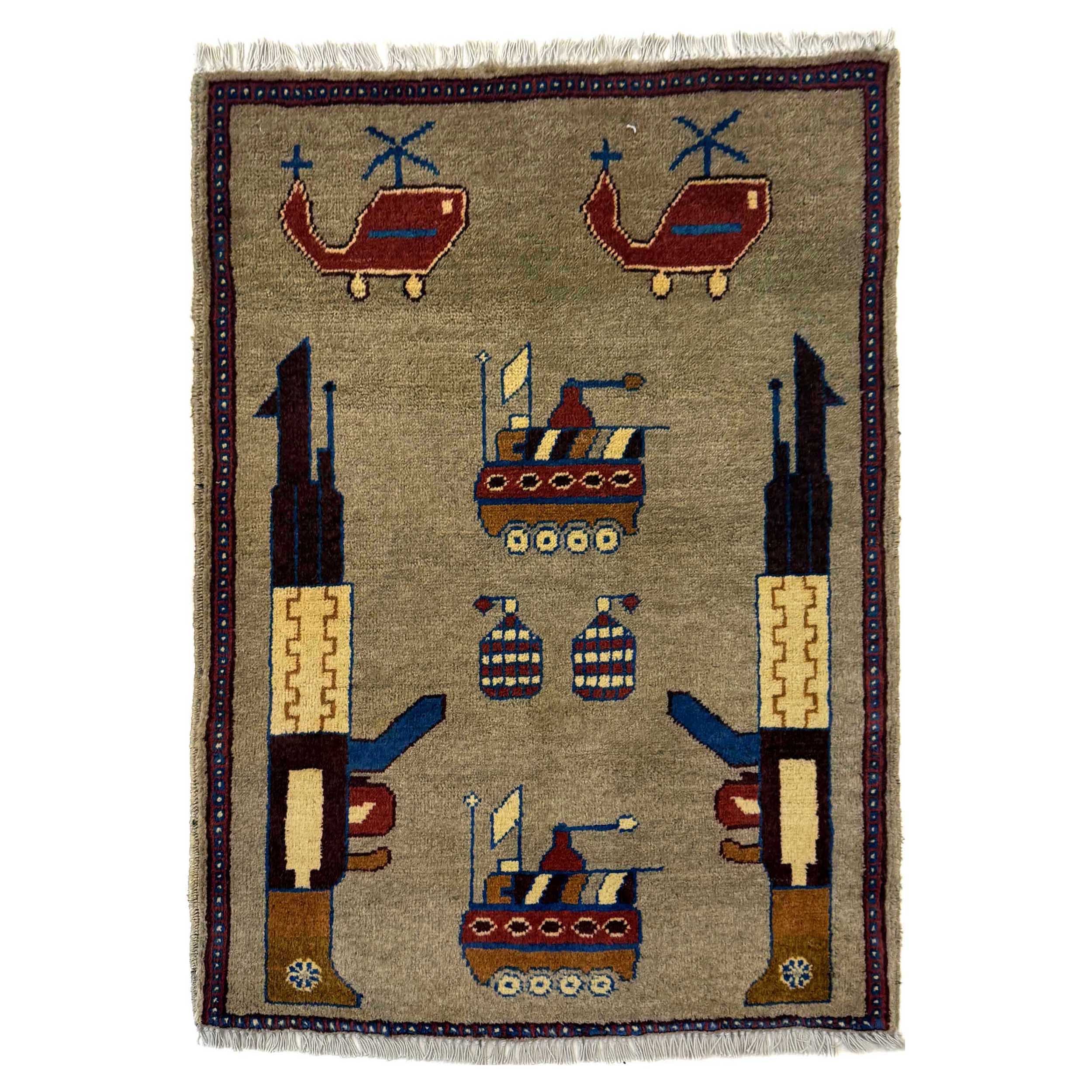 Vintage Afghan Military Story Rug 2.8x2 ft