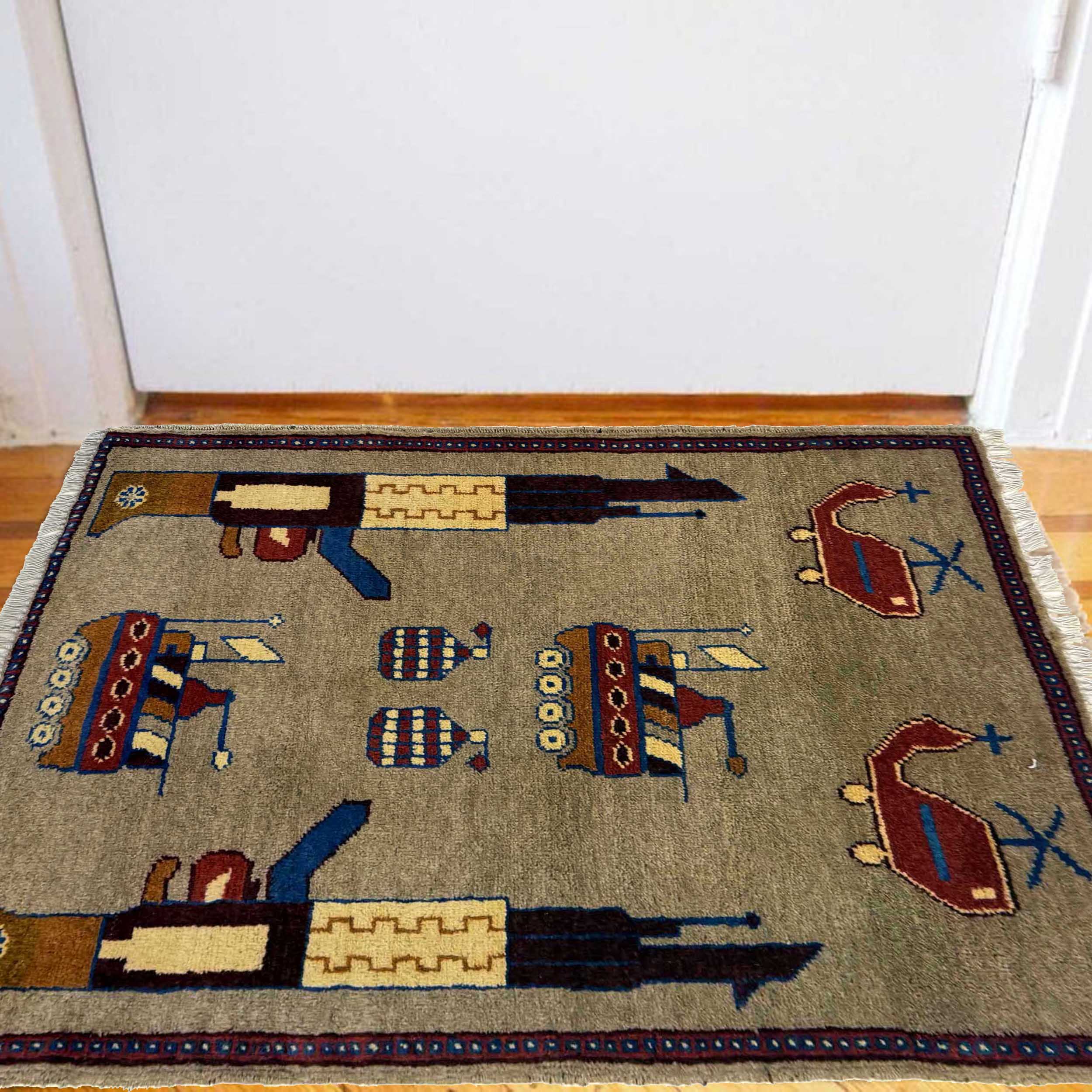 Vintage Afghan Military Story Rug 2.8x2 ft