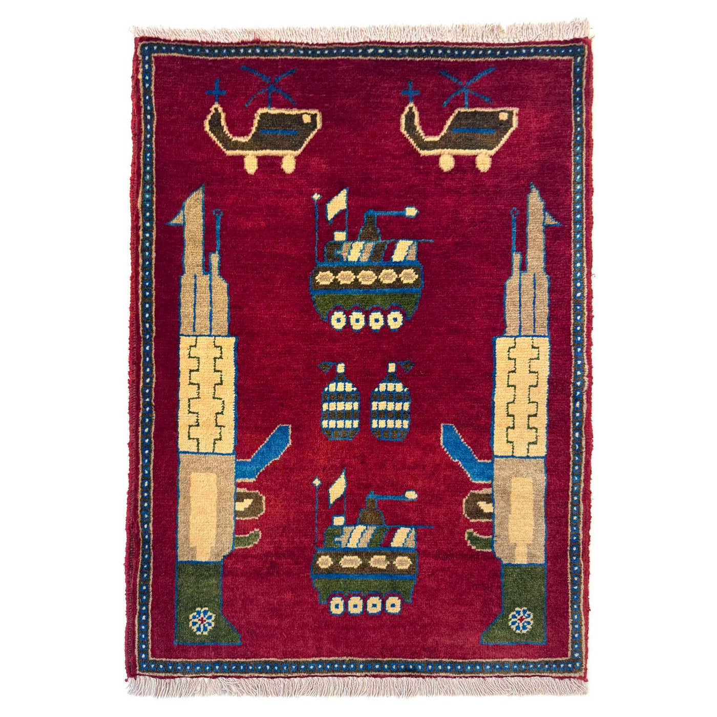 Authentic Afghan War Weapons Scene Wool Rug 2.9x2 ft