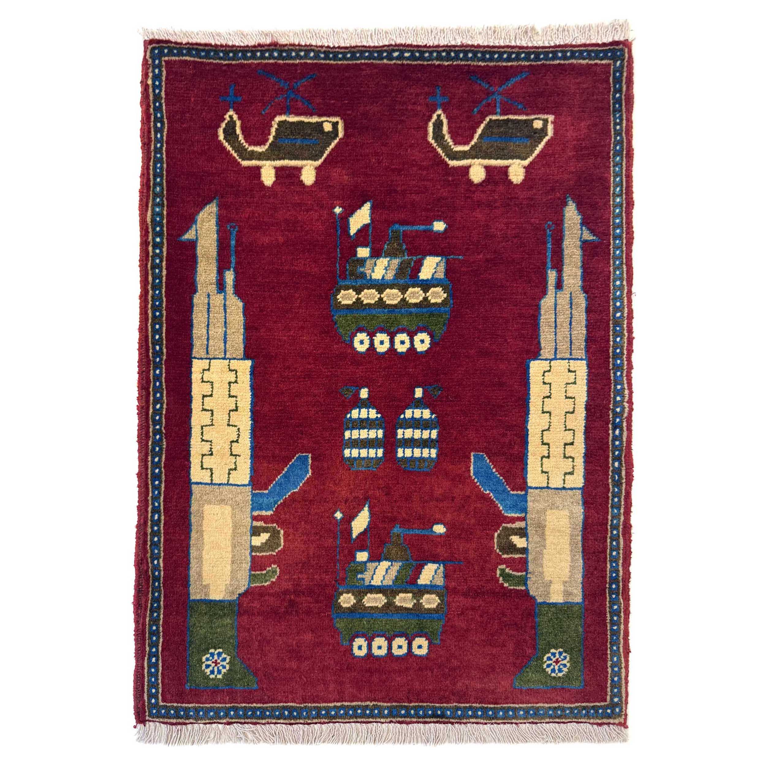 Authentic Afghan War Weapons Scene Wool Rug 2.9x2 ft