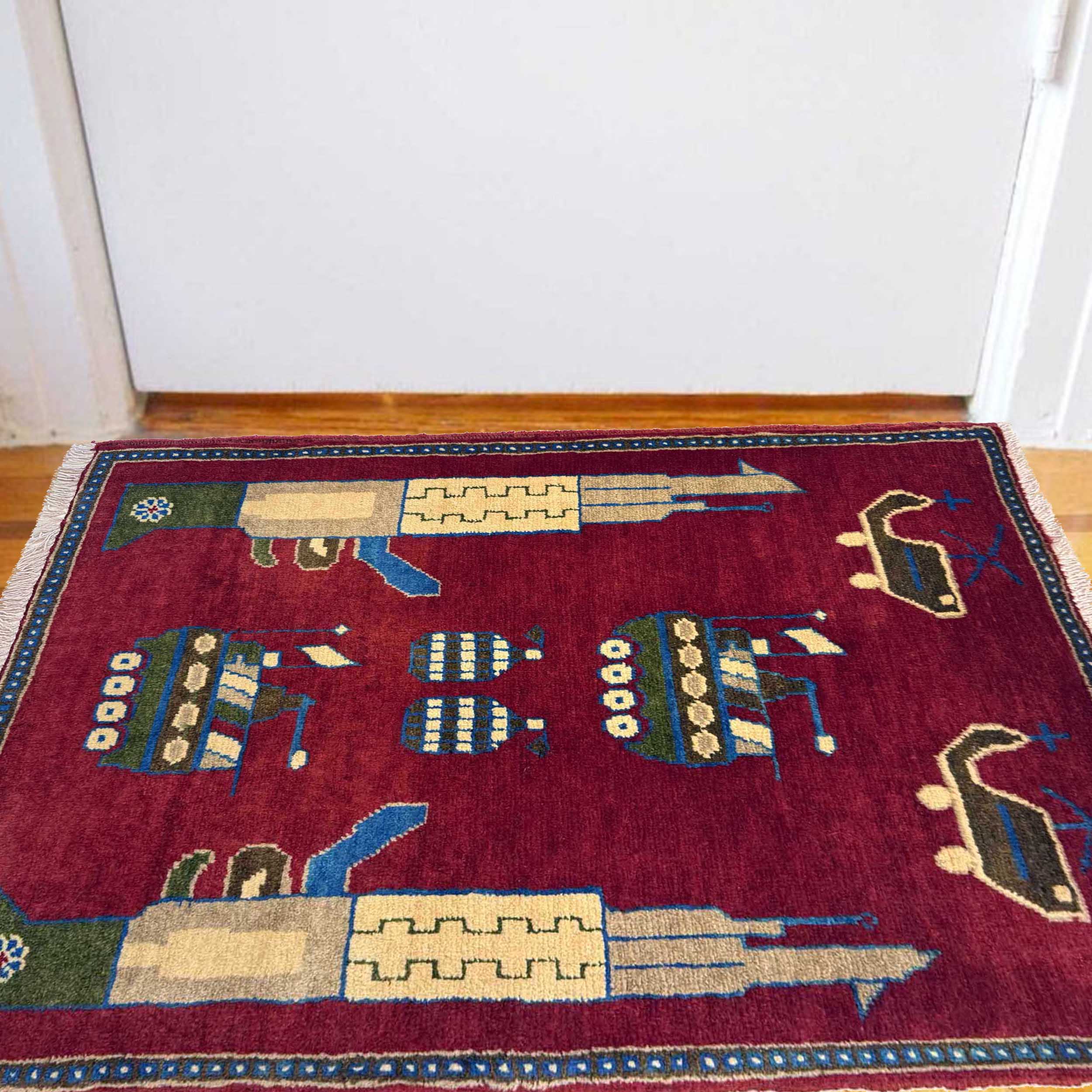 Authentic Afghan War Weapons Scene Wool Rug 2.9x2 ft