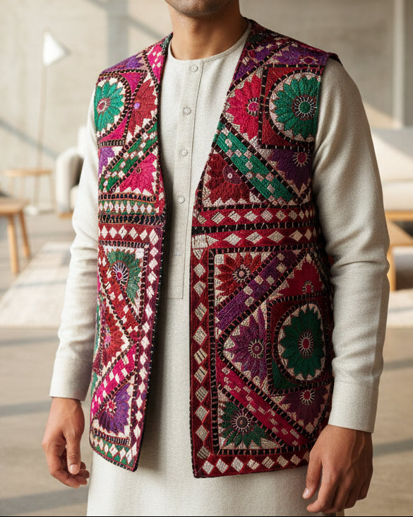 Afghan Men Vest With Pure Silk Embroidery Work