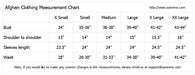 afghani dress size chart