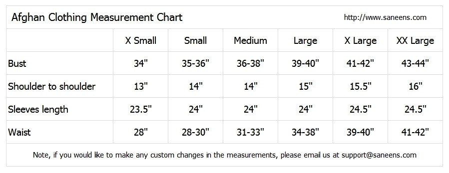 afghan dress measurements chart