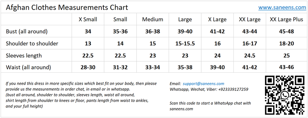 size chart for afghan clothes