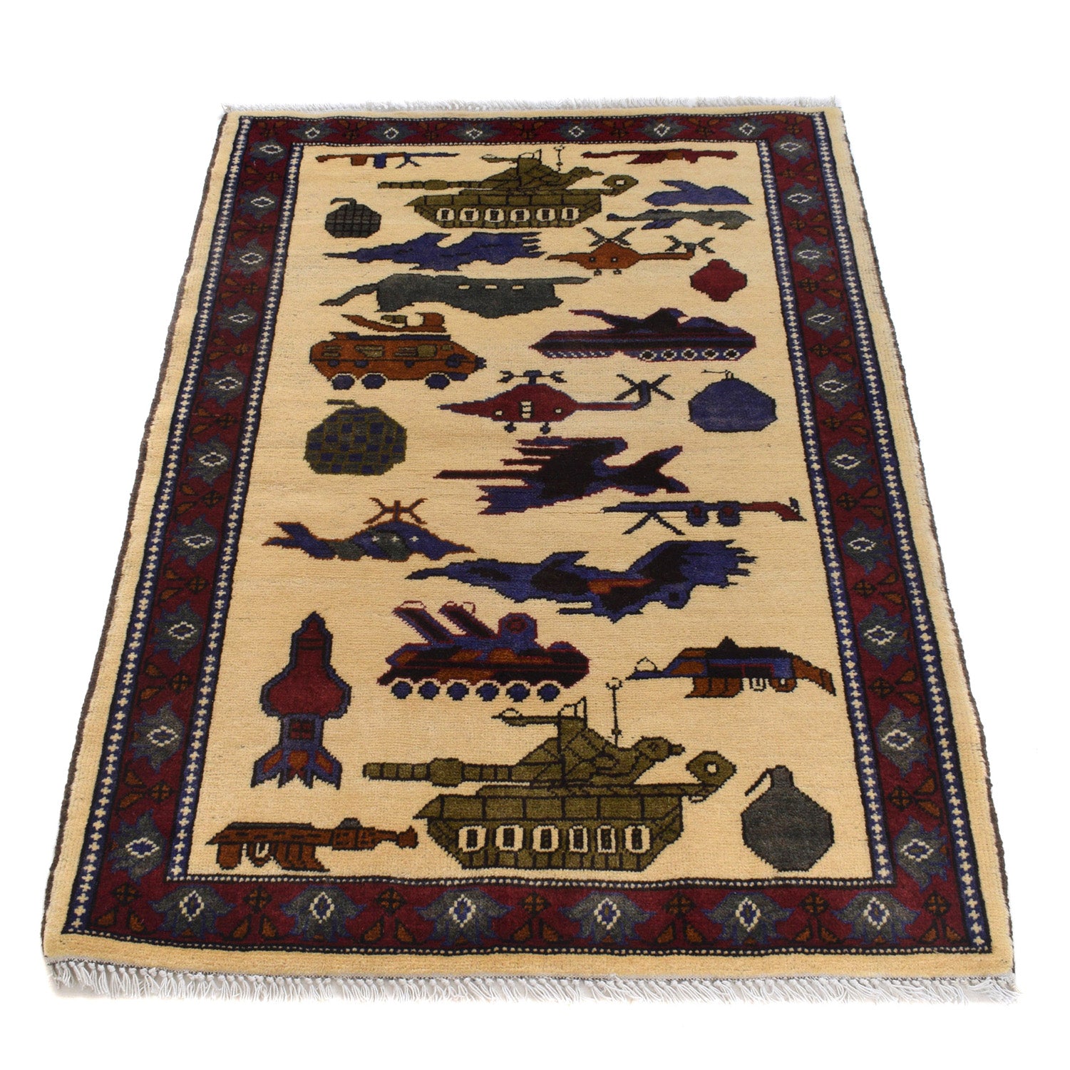 Afghan Tribal Heritage War Weapons Story Carpet 4x2.7 ft