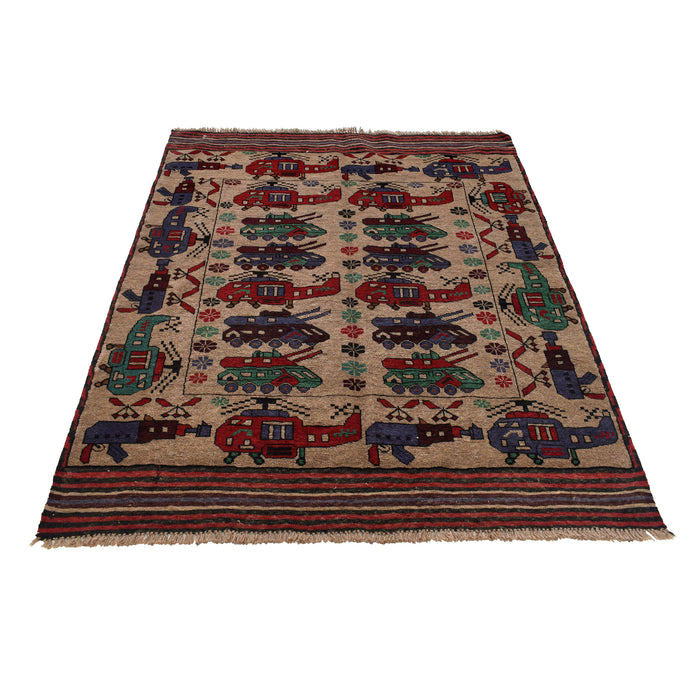 Afghan War Helicopter Tanks Motif Rug 5.5x4.2 ft
