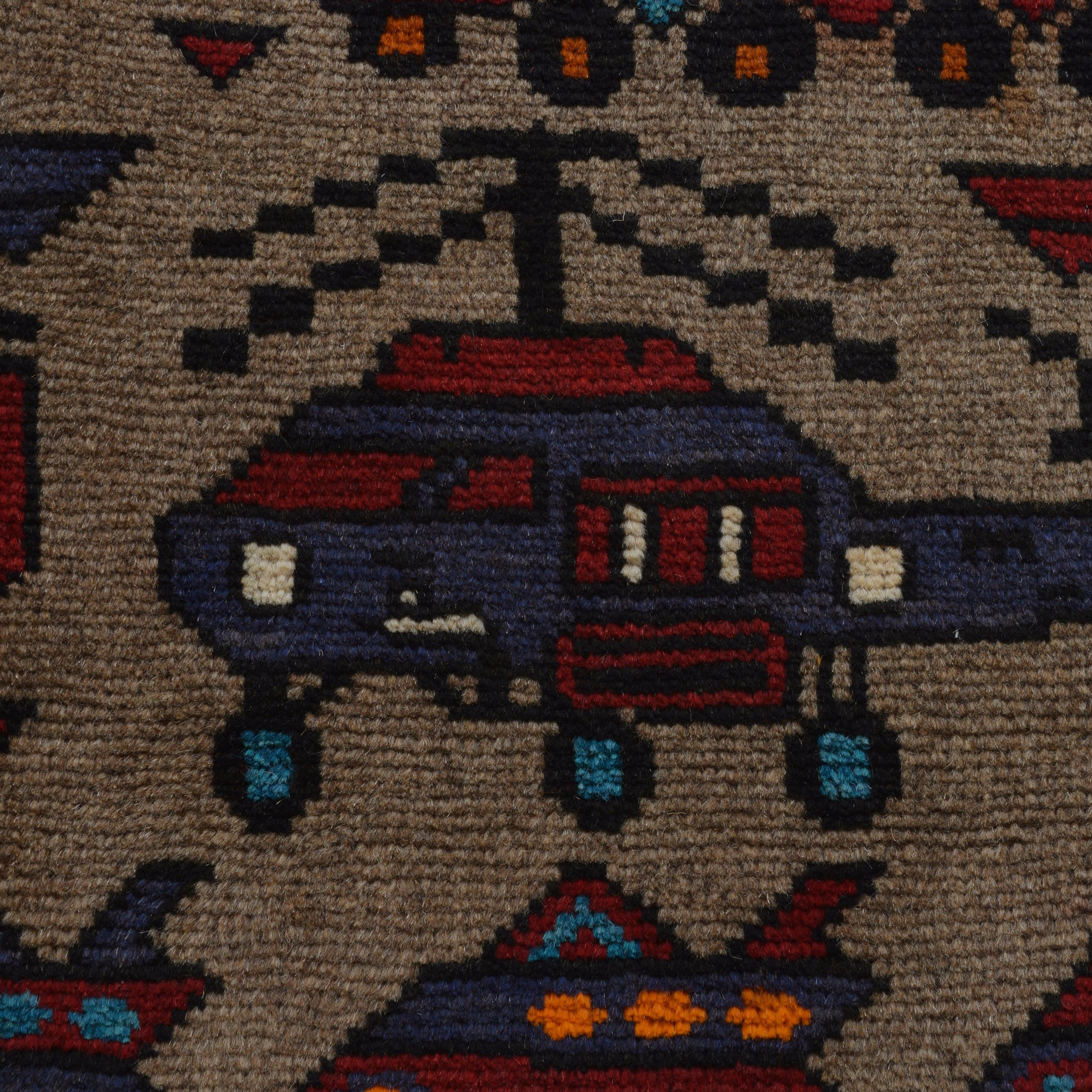 Handwoven Tribal War Helicopter Tanks Rug 4.5x3.1 ft