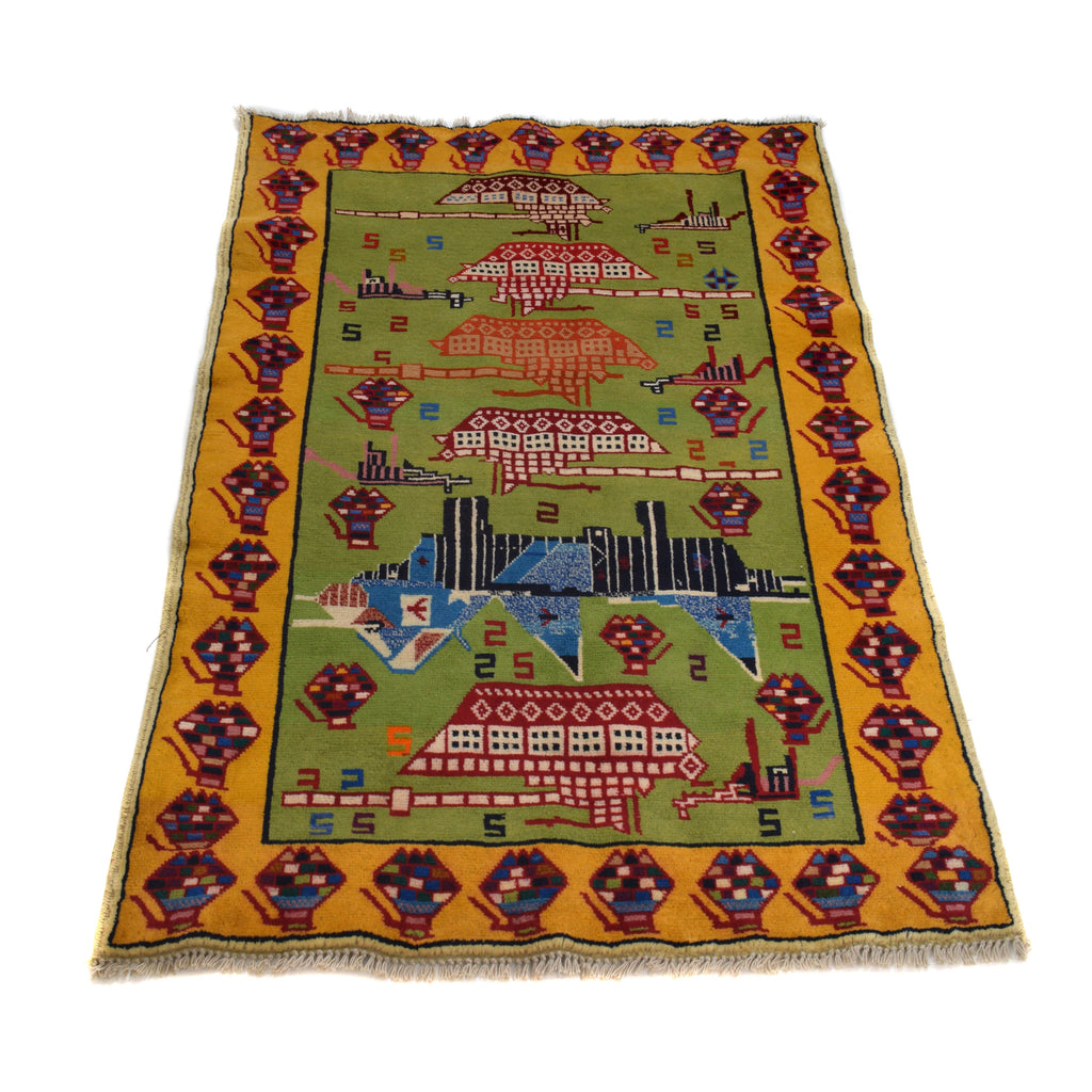 Afghan Tank Symbol War Rug 4.4x2.7 ft