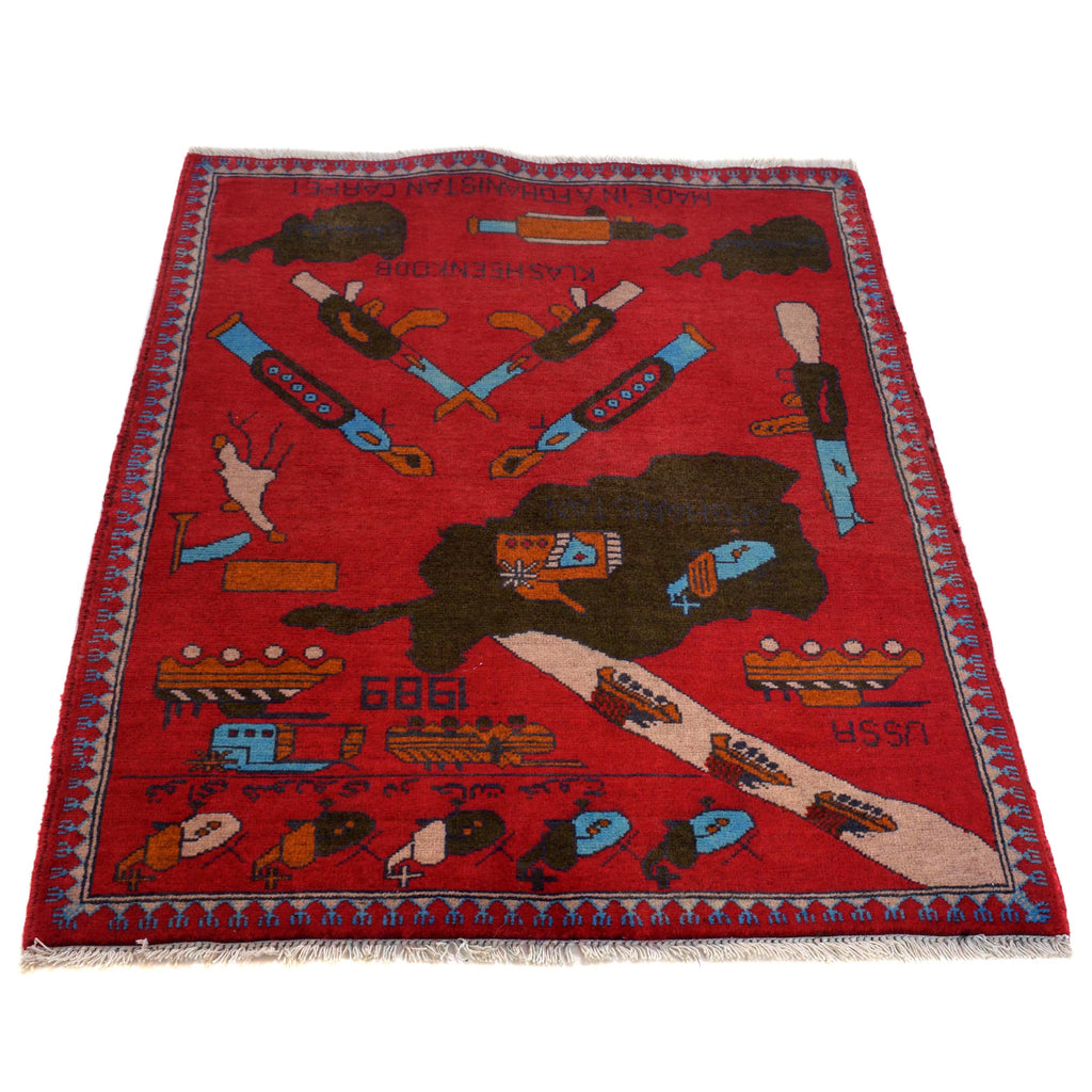 Cultural Storytelling Afghan War Carpet 3.8x2.7 ft