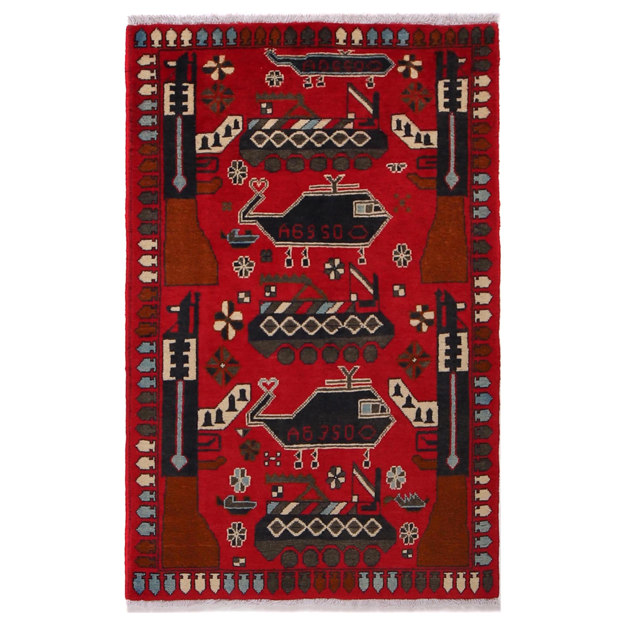 Afghan Weapon Design War Rug 4.1x2.5 ft