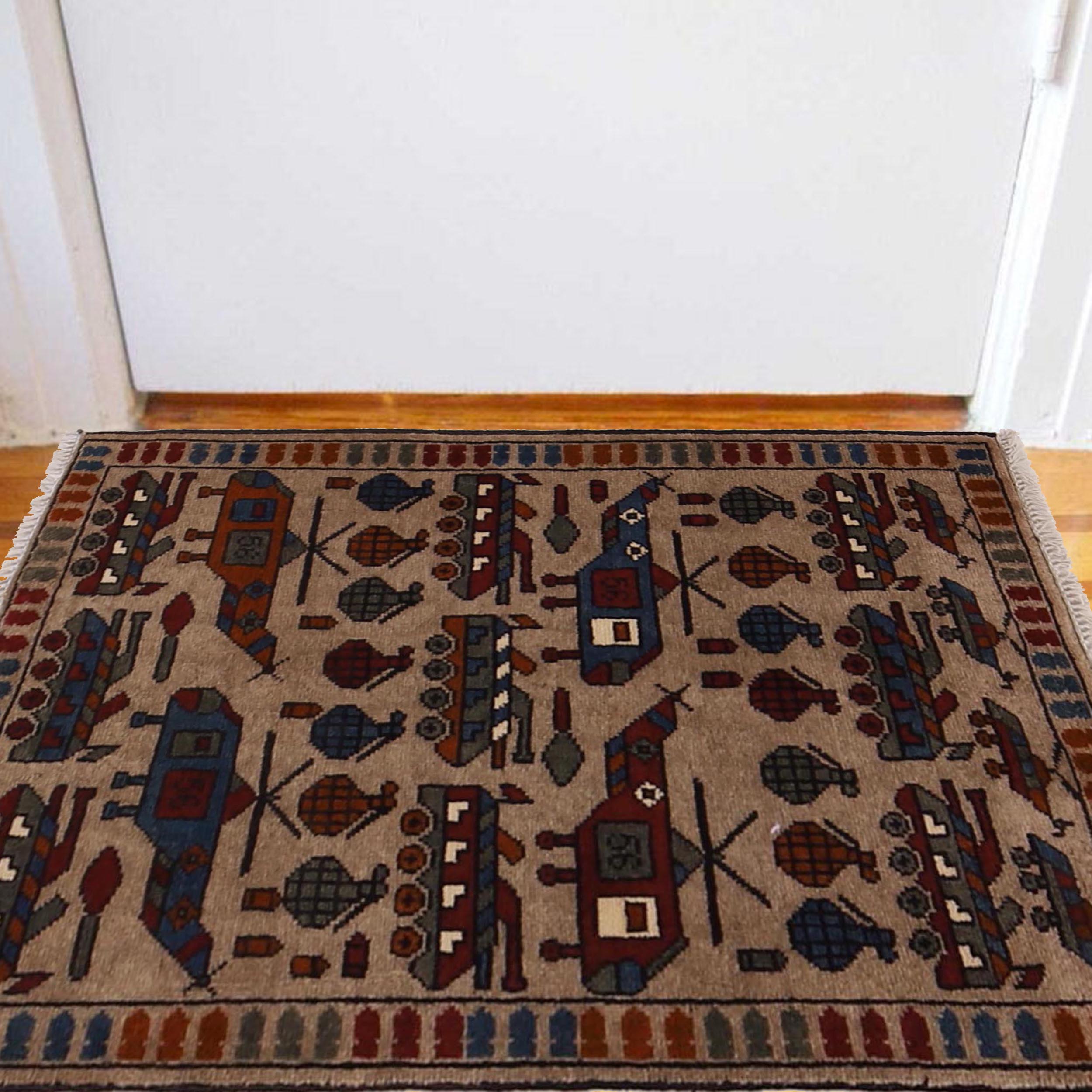 Afghan Weapons Rug Vintage Style 3x2 ft