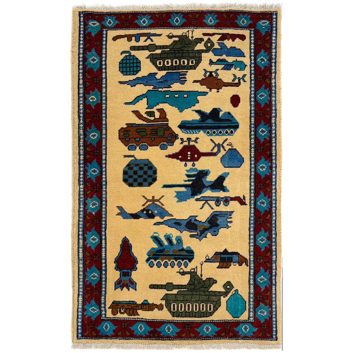 Vintage Afghan Warfare Tribal War Carpet 4.2x2.7 ft