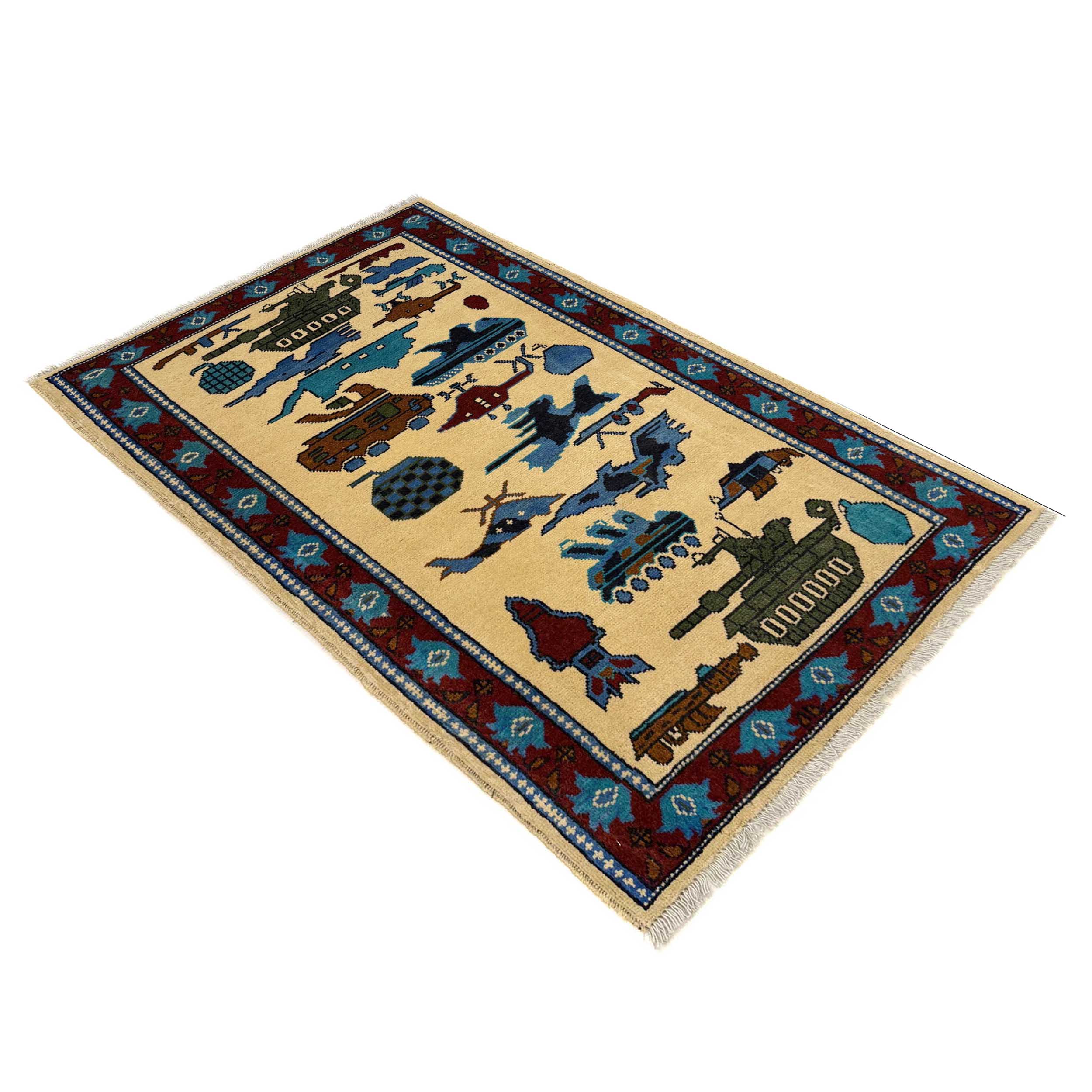 Vintage Afghan Warfare Tribal War Carpet 4.2x2.7 ft