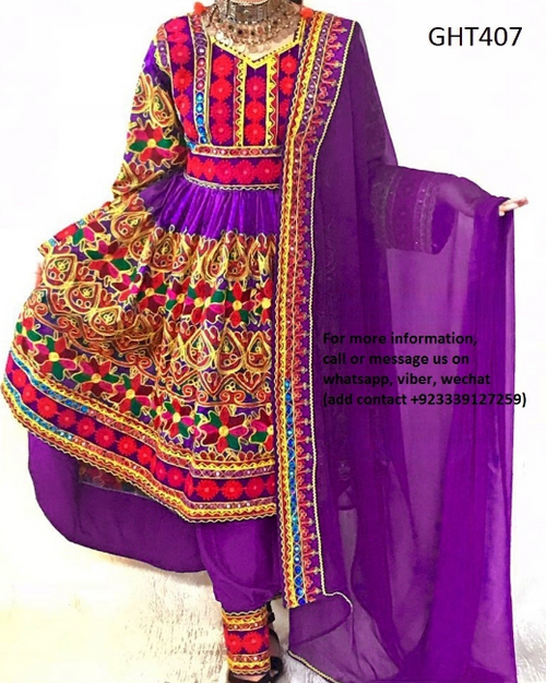 Afghan Traditional Dress In Purple Color With Multicolor Jolay Cloth