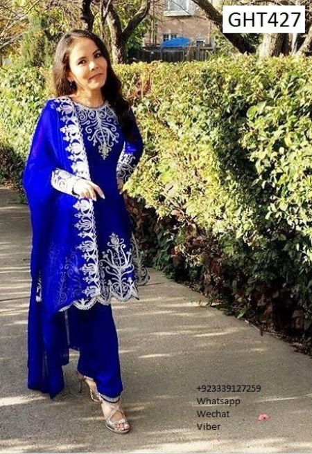 Blue Velvet Afghan Clothes With Finest Embroidery Work