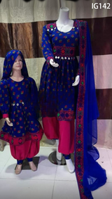Traditional Afghan Mom And Daughter Suit  In blue Color