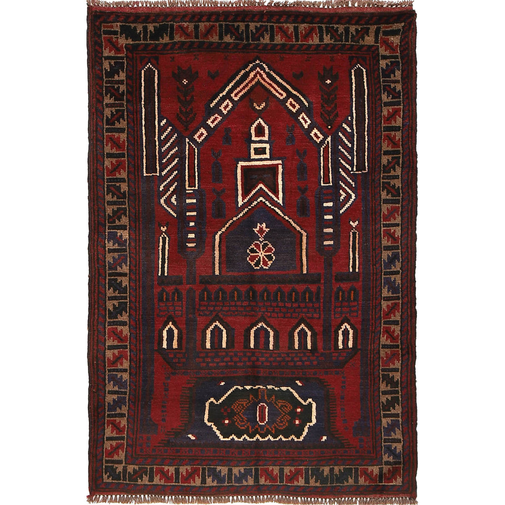 Afghan Handmade Wool Prayer Rug 4.3x2.8 ft