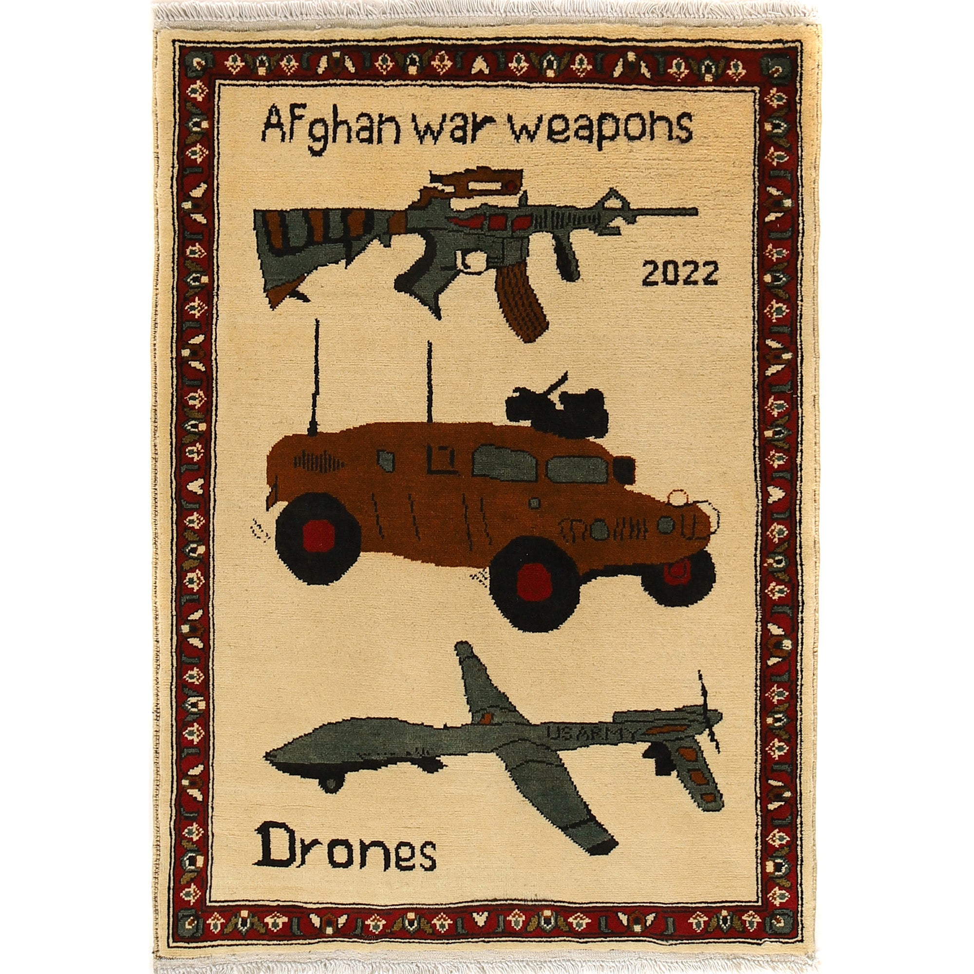 Artisan Woven Afghan Weapons & Drones Rug 3.9x2.8 ft