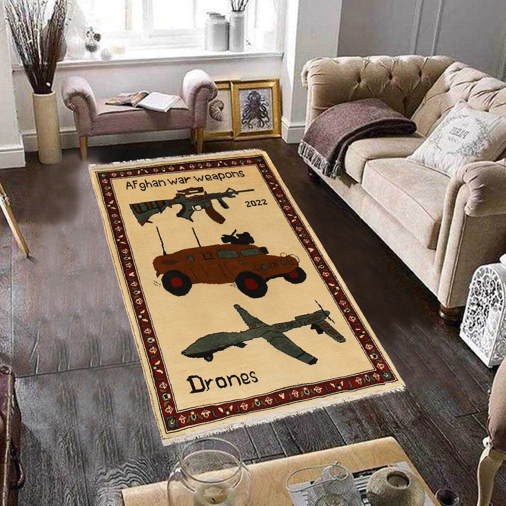 Artisan Woven Afghan Weapons & Drones Rug 3.9x2.8 ft