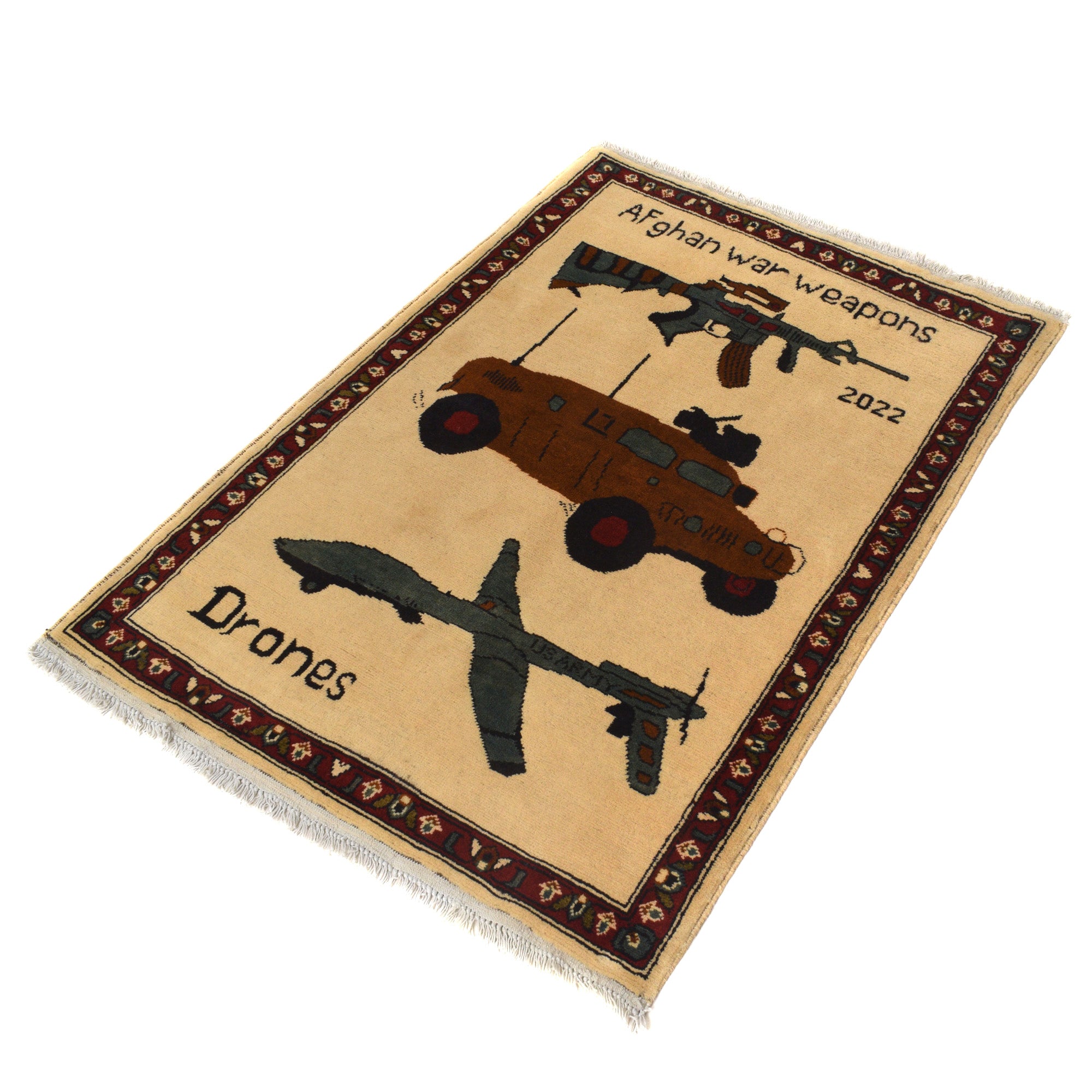 Artisan Woven Afghan Weapons & Drones Rug 3.9x2.8 ft