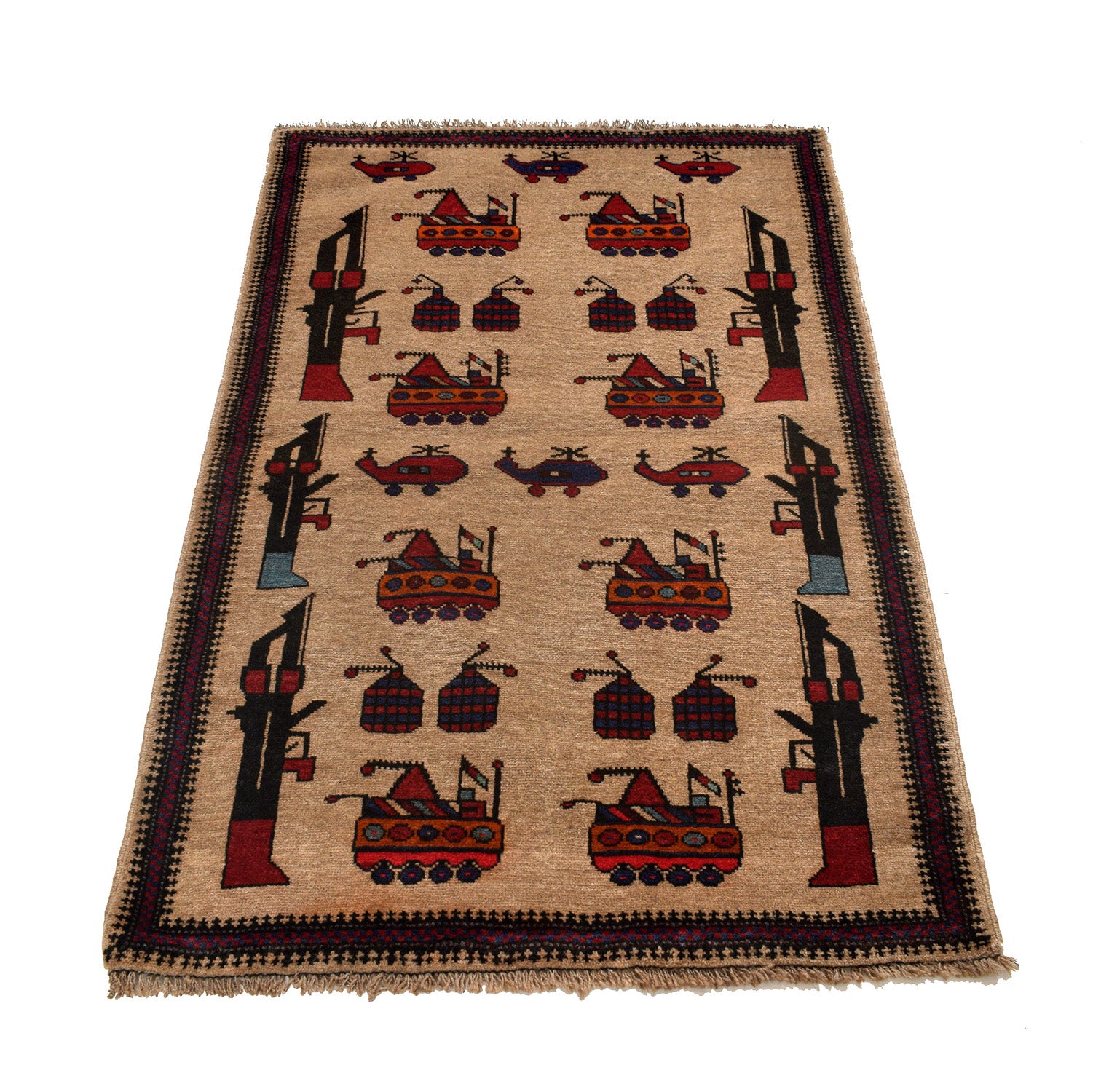 Afghan Storytelling War Weapons Rug 4.4x2.9 ft