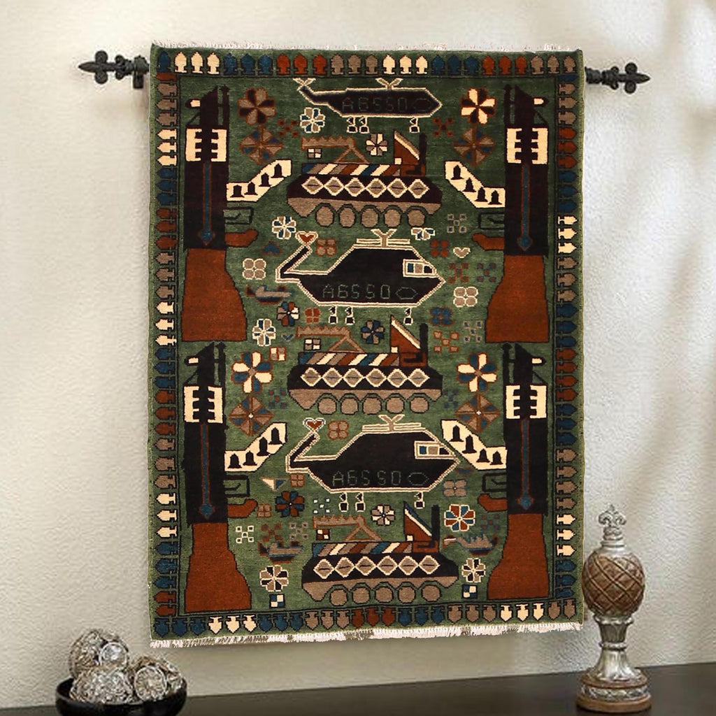 Afghan Symbolic Weapons Art Rug 4x2.7 ft