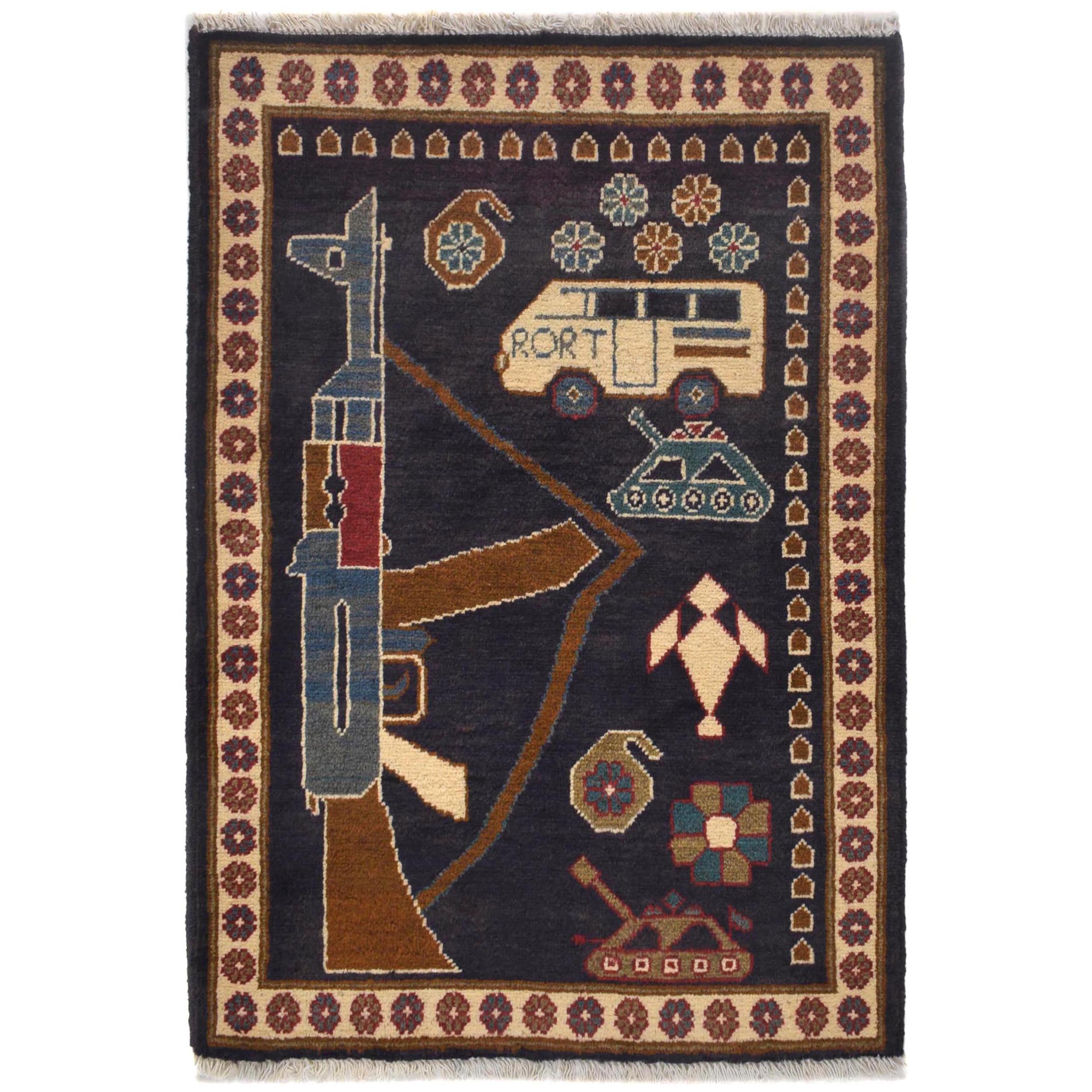 Afghan Handwoven AK-47 War Tapestry carpet 2.9x2.1 ft