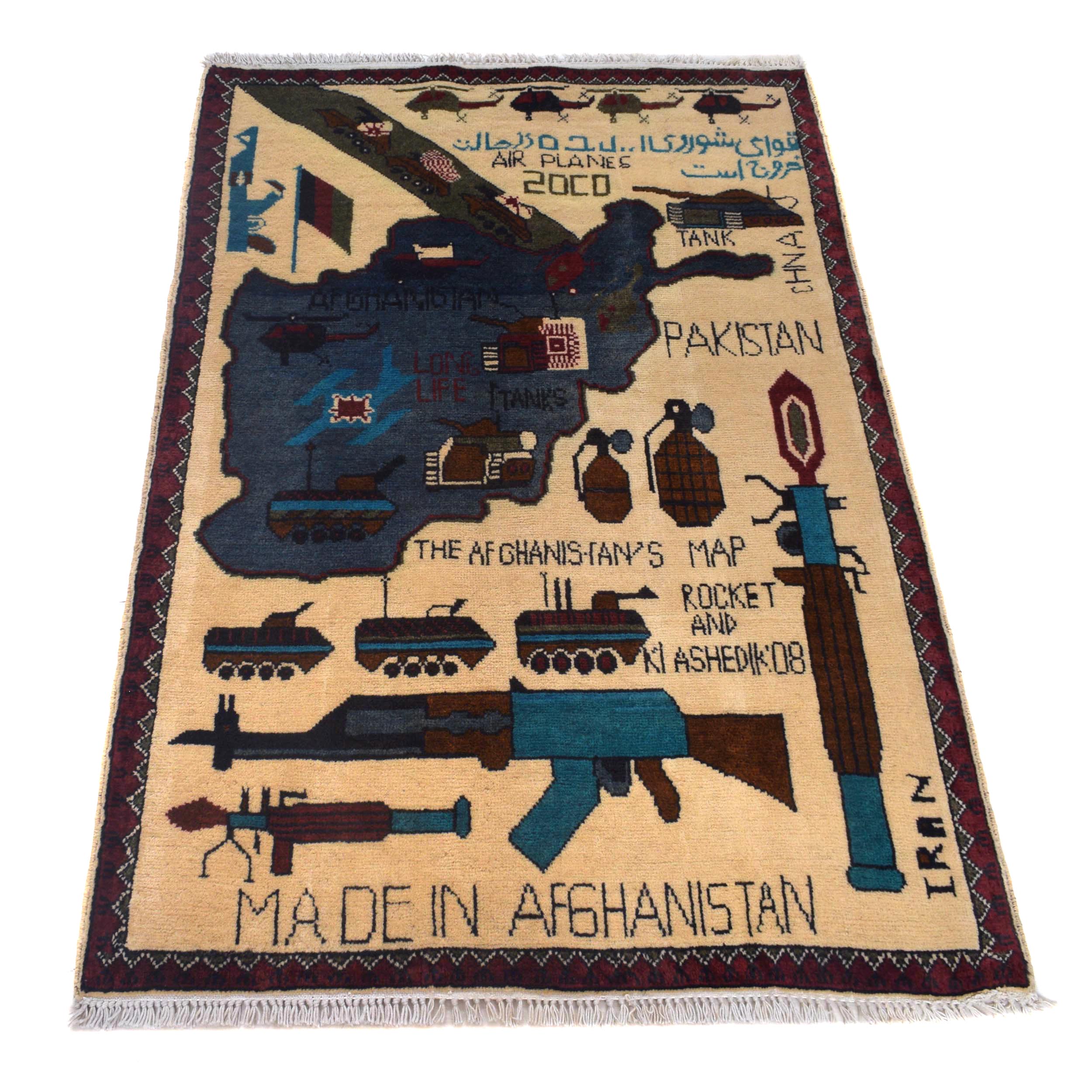 Unique Storytelling War Rug 4.1x2.6 ft