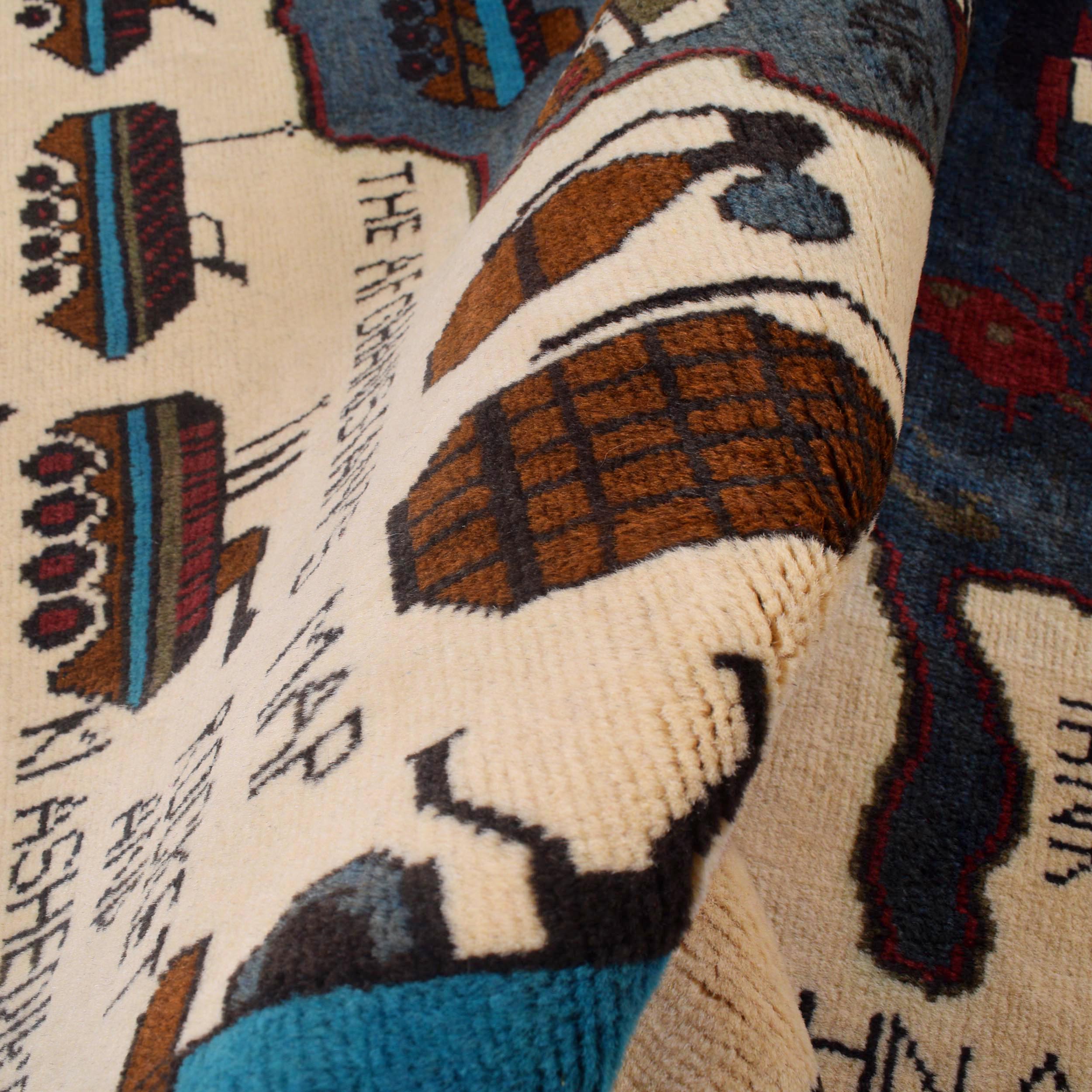 Unique Storytelling War Rug 4.1x2.6 ft
