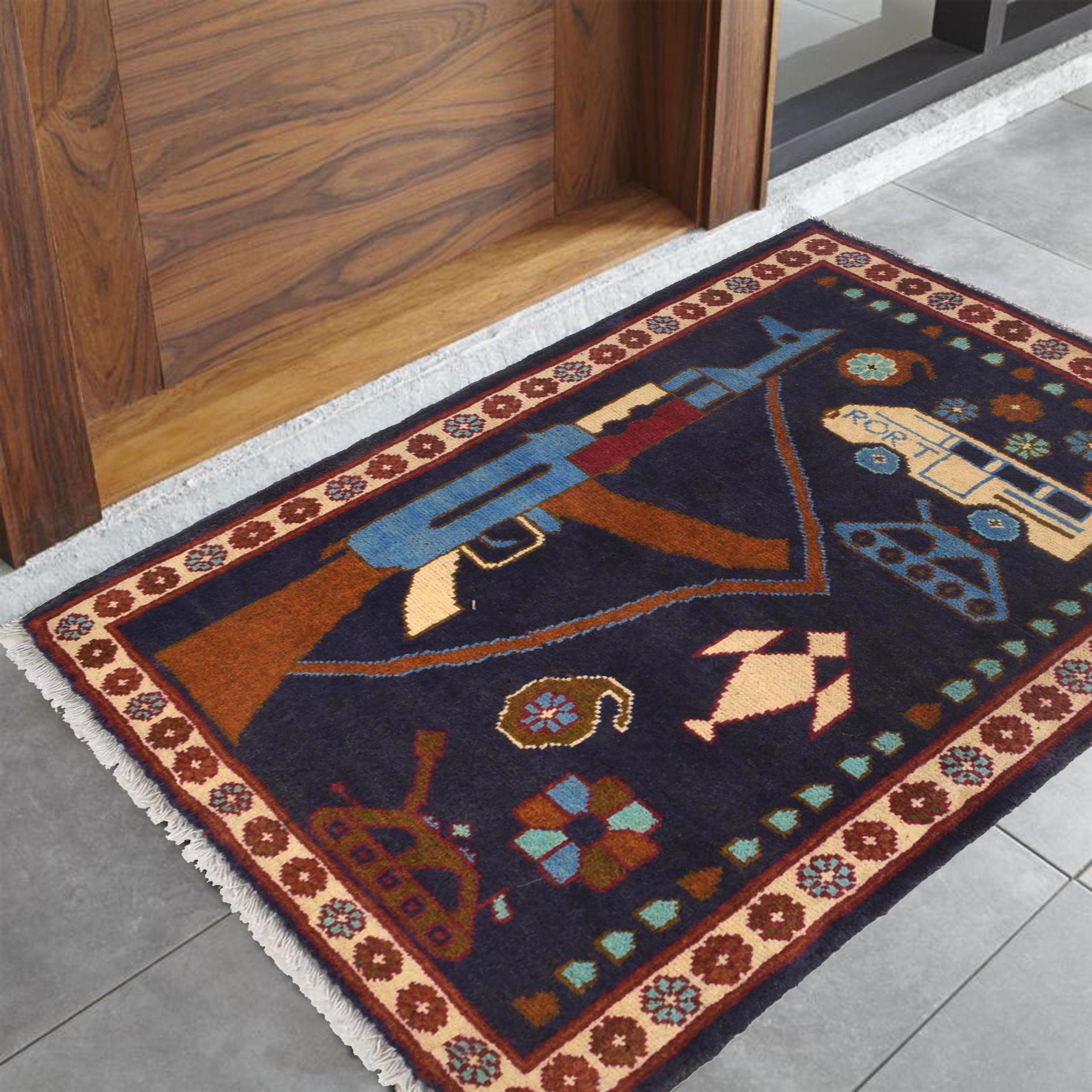 Unique AK-47 Afghan Tribal War Rug 2.8x2 ft