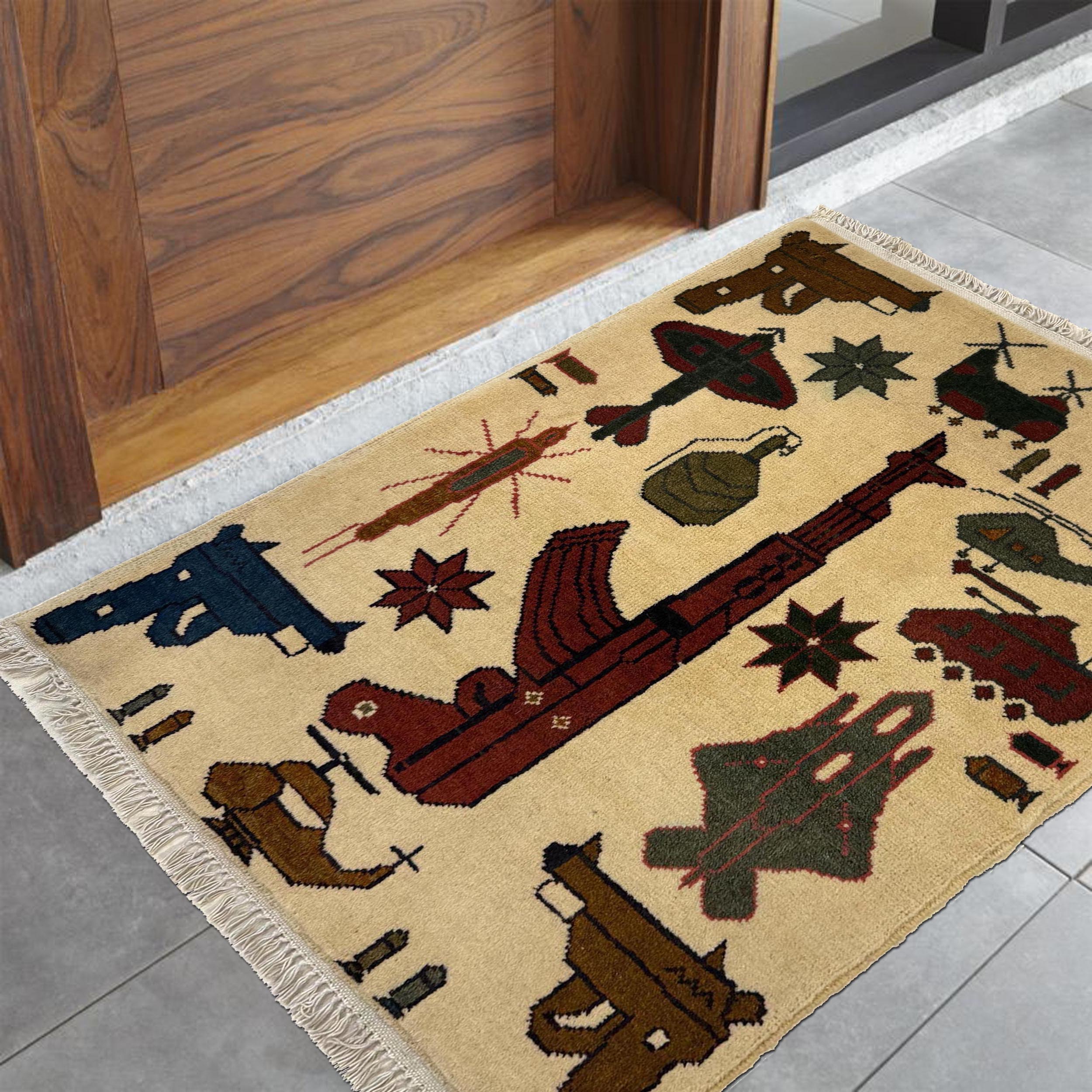 Traditional Afghan Battle AK47 Artwork Rug 2.6x1.9 ft