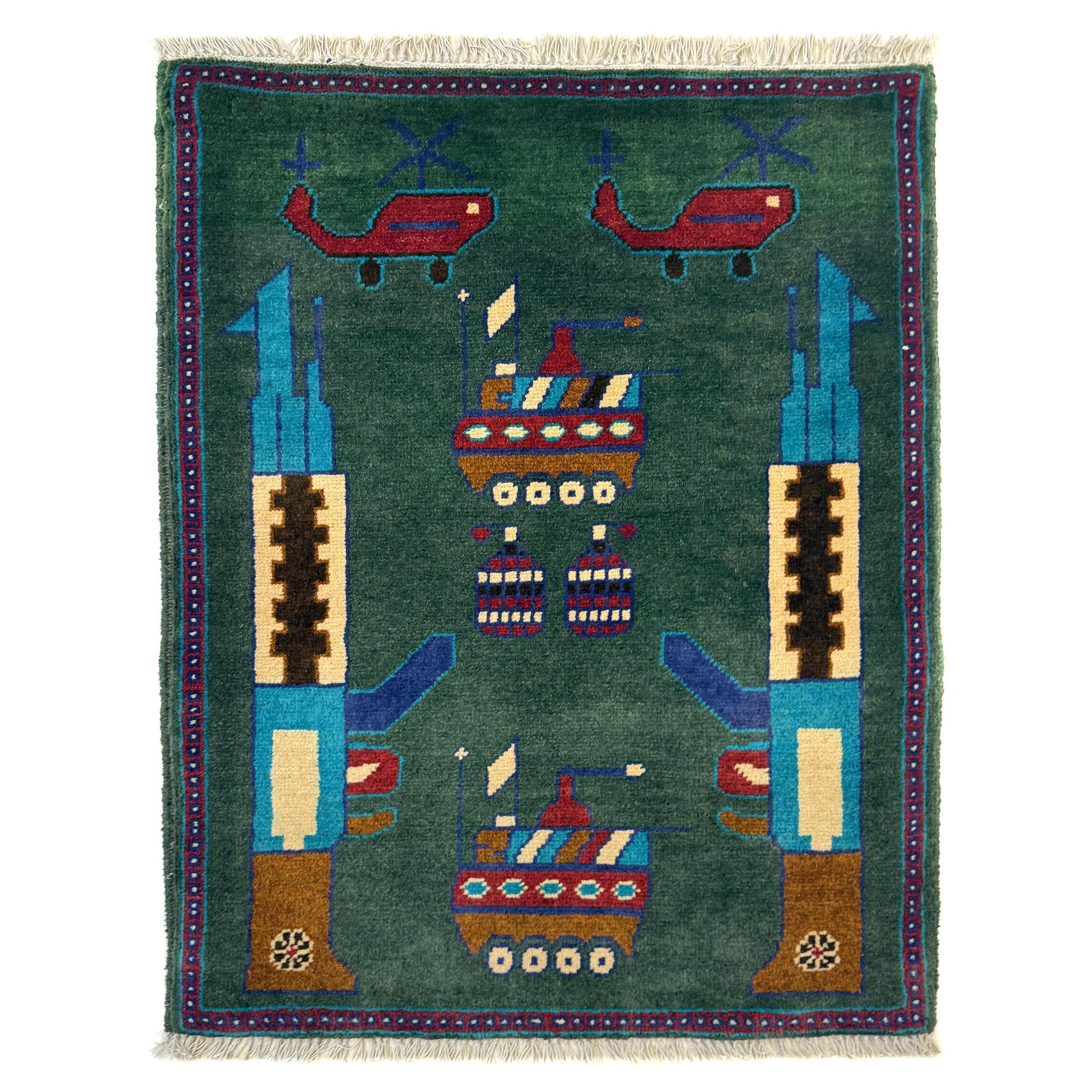 Vintage Afghan War History Tribal AK47 Rug 2.9x2 ft