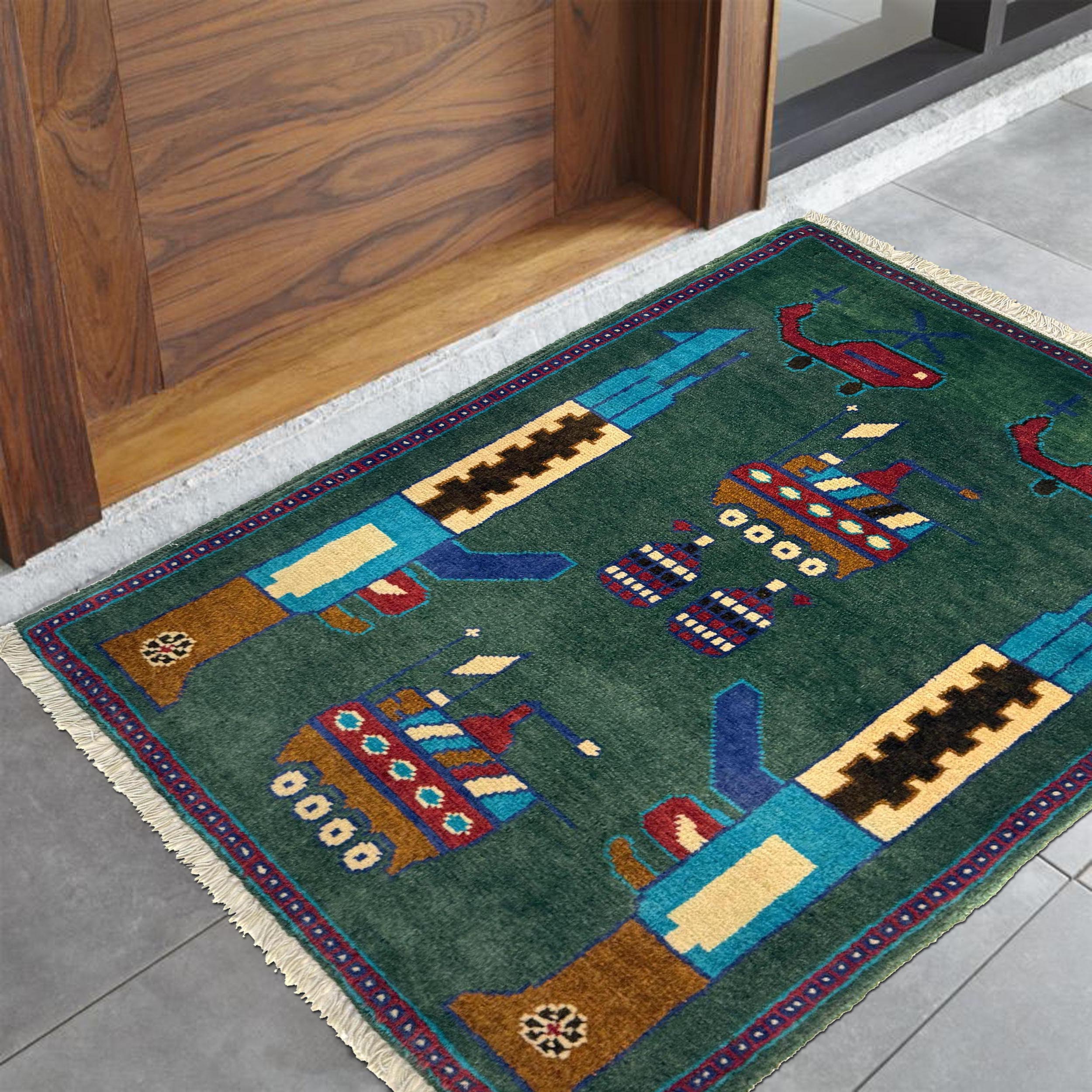 Vintage Afghan War History Tribal AK47 Rug 2.9x2 ft