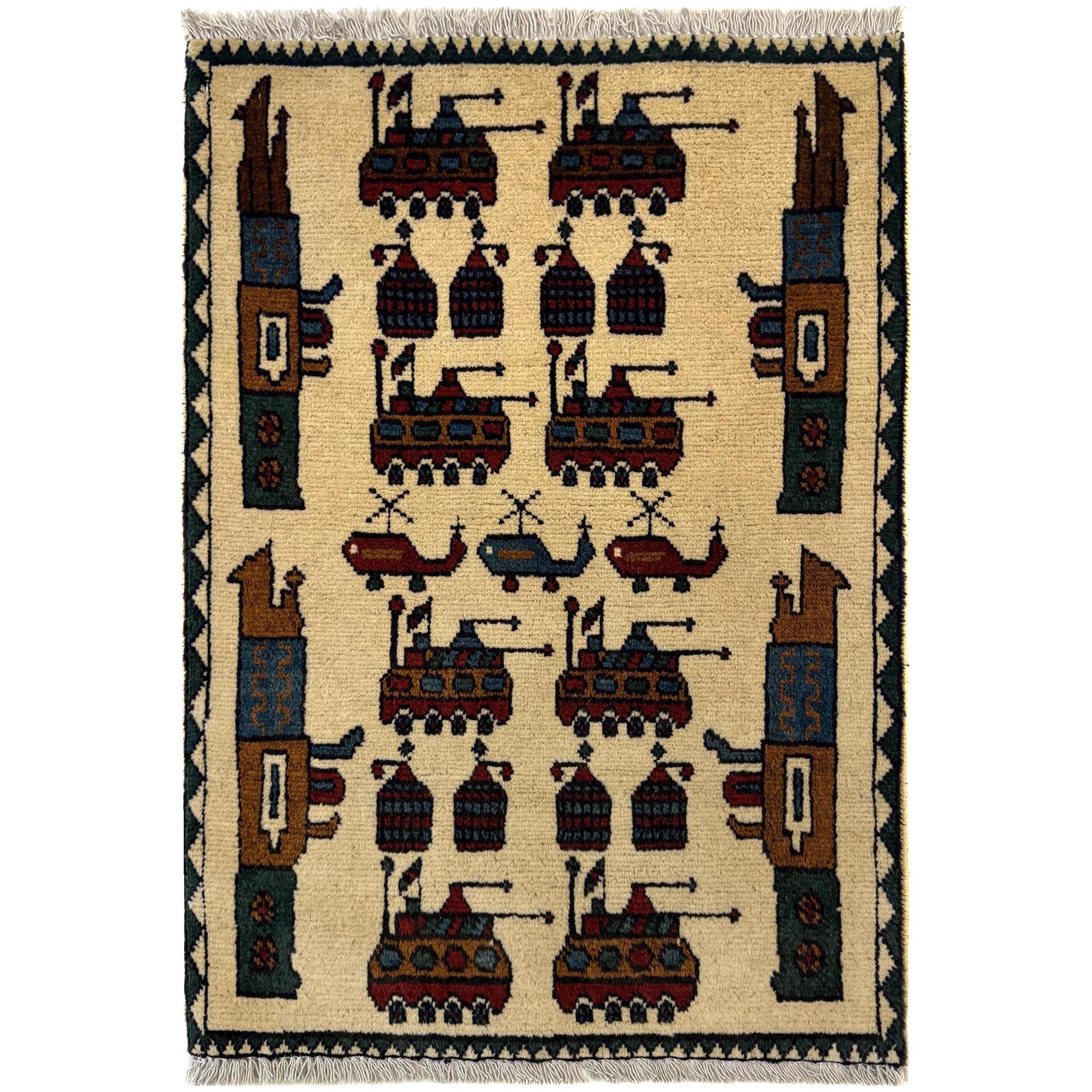 Tribal Afghan War Weapons Story Wool Carpet 2.7x2 ft